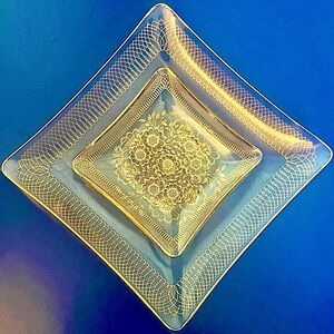 Pair MCM Gold Glass Candy Dishes Chip Dip Set Mid Century Serving Vintage Plate